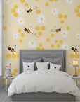 Golden honeybees and hexagonal patterns amidst floral motifs on self-adhesive wall covering - Honey Blooms