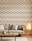 Honeycomb Drift beige and brown geometric hexagon tile wallpaper in a warm and inviting living room