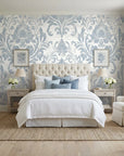 Honeyed Petal Mural dusty blue damask wallpaper adding character to a cozy bedroom