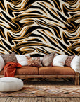 Self-adhesive wallpaper featuring an abstract design of black, white, and golden marble veins (Honeyed Strata)