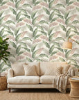 Hushed Canopy muted forest wallpaper in a warm and inviting living room