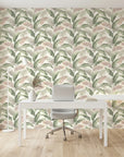 Hushed Canopy muted forest wallpaper as a feature wall in a bright home office