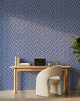 Indigo Labyrinth removable wallpaper on home office accent wall with geometric blue pattern
