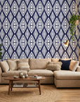 Indigo Shibori hand-dyed look wallpaper in a warm and inviting living room