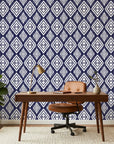 Indigo Shibori hand-dyed look wallpaper as a feature wall in a bright home office