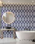 Indigo Shibori hand-dyed look wallpaper creating ambiance in a serene bathroom