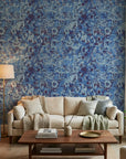 Indigo Static blue and navy abstract distressed texture wallpaper in a warm and inviting living room