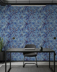 Indigo Static blue and navy abstract distressed texture wallpaper as a feature wall in a bright home office