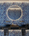 Indigo Static blue and navy abstract distressed texture wallpaper creating ambiance in a serene bathroom
