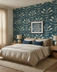 Indigo Vine blue foliage wallpaper adding character to a cozy bedroom