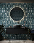 Indigo Vine blue foliage wallpaper creating ambiance in a serene bathroom