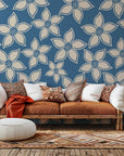 Deep blue and emerald wallcovering featuring a wild grass botanical design (Indigo Whispers)