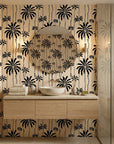 Ink Haven monochrome jungle wallpaper creating ambiance in a serene bathroom