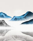 Minimalist Ink Mountains wallpaper featuring blue and black peaks with misty gradients in Asian brush painting style