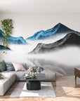 Blue and gray Ink Mountains watercolor mural wallpaper in modern living room with misty peaks