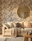 Ink Rivers black and grey abstract ink flow wallpaper in a warm and inviting living room