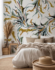 Abstract feather pattern self-adhesive wallpaper in white and green with a brushstroke finish (Ink Whispers)
