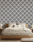 Ink & Light bold black and white art deco fan wallpaper in a warm and inviting living room
