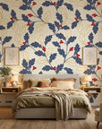 Ink & Oak navy and red botanical wallpaper adding character to a cozy bedroom