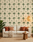 Ink & Shell sketchy green coastal wallpaper in a warm and inviting living room
