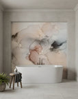 Ink Drift timeless black and gold abstract as a feature wall in a bright home office