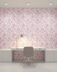 Ink & Rosewater romantic pink floral wallpaper as a feature wall in a bright home office