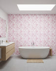 Ink & Rosewater romantic pink floral wallpaper creating ambiance in a serene bathroom