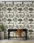 Inked Grove classic black and white toile wallpaper as a feature wall in a bright home office