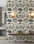 Inked Grove classic black and white toile wallpaper creating ambiance in a serene bathroom