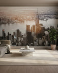 Sepia-toned New York skyline mural wallpaper featuring Island Of Dreams pattern in modern living room
