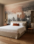 Sepia-toned cityscape Island Of Dreams wallpaper mural in elegant bedroom setting