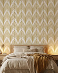 Ivory Leaf white and gold art deco leaf wallpaper in a warm and inviting living room