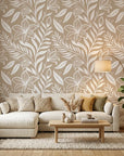 Ivory Tapestry beige and white floral silhouette wallpaper in a warm and inviting living room