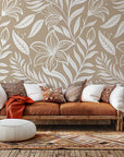 Self-adhesive wallpaper featuring a beige and white elegant floral silhouette, known as Ivory Tapestry