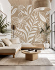 Peel and stick wallpaper, featuring an elegant beige and white floral silhouette pattern, named Ivory Tapestry
