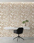 Ivory Tapestry beige and white floral silhouette wallpaper as a feature wall in a bright home office