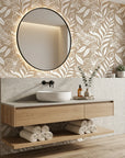 Ivory Tapestry beige and white floral silhouette wallpaper creating ambiance in a serene bathroom