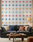 Jade Trellis removable wallpaper with colorful geometric circles on modern living room accent wall