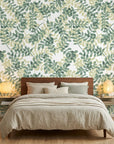 Green and sage botanical leaf pattern Jade & Citron removable wallpaper in modern bedroom setting