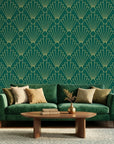 Jade & Gilt dramatic green and gold art deco wallpaper creating ambiance in a serene bathroom