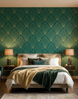 Jade & Gilt dramatic green and gold art deco wallpaper in a warm and inviting living room