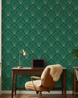Jade & Gilt dramatic green and gold art deco wallpaper adding character to a cozy bedroom
