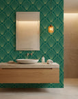 Jade & Gilt dramatic green and gold art deco wallpaper as a feature wall in a bright home office