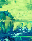 Jade & Rain bold green abstract painterly wallpaper creating ambiance in a serene bathroom