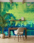 Jade & Rain bold green abstract painterly wallpaper adding character to a cozy bedroom