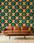 Jeweled Depths vibrant green and orange geometric wallpaper creating ambiance in a serene bathroom