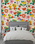 Vibrant kaleidoscopic floral pattern with sharp geometric edges on removable adhesive wallpaper - Joyful Bloom