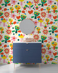 Artistic rainbow-hued geometric flower motifs on a self-adhesive wall covering - Joyful Bloom