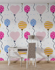 Minimalist white wall covering featuring festive balloons and heart illustrations with a smooth self-adhesive finish - Joyful Ascent