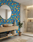 Jungle Bloom blue grid safari animal wallpaper creating ambiance in a serene bathroom